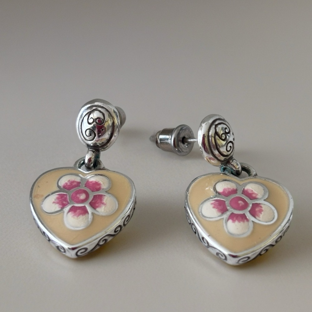Brighton Silver Heart Drop Earrings with Pink Flower on Cream Enamel